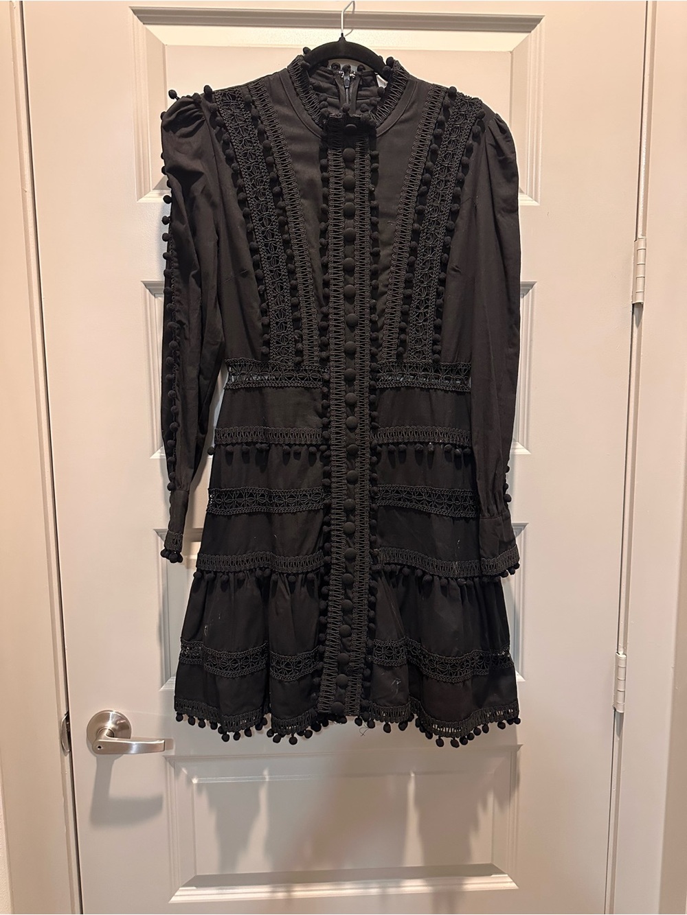 Victorian-Inspired Black Long-Sleeve Mini Dress with Pom Trim